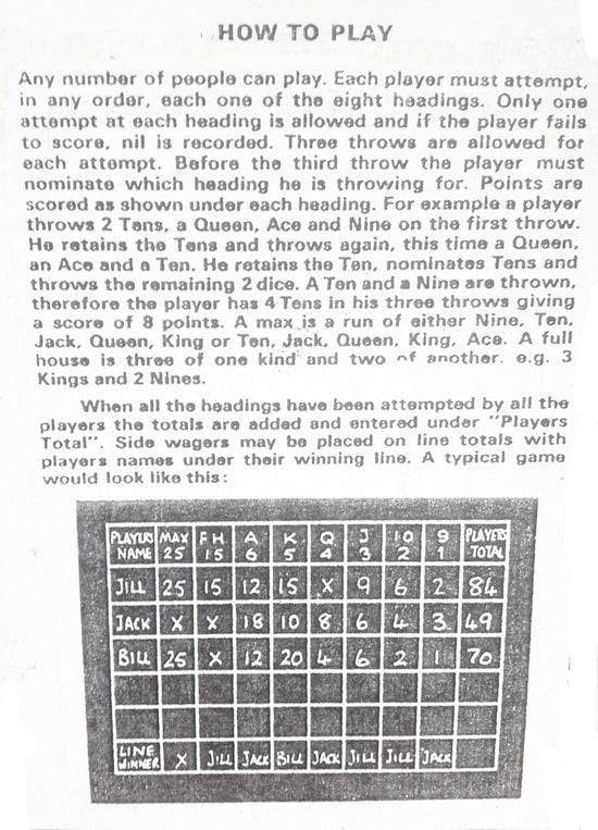 Max 'n Jax Board Game (including poker dice and chalk)