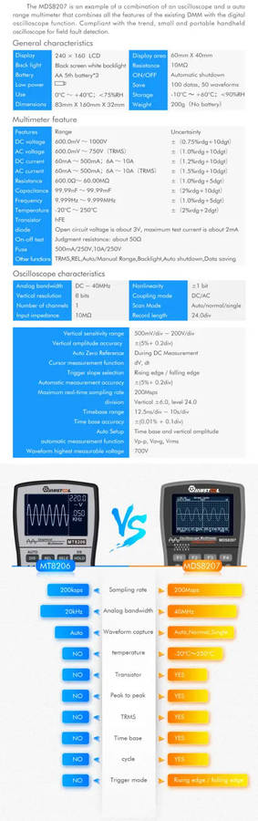 Upgraded MUSTOOL MDS8207 Intelligent 2 in 1 Digital 40MHz 200Msps/S Oscilloscope 6000 Counts True RMS Multimeter