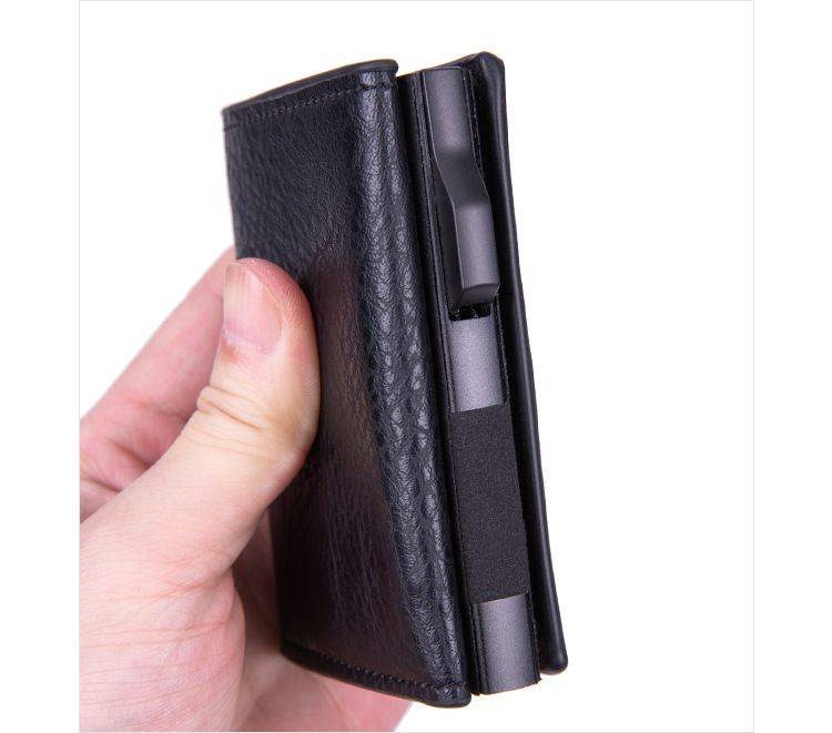 RFID protection bi-fold pop-up coin case wallet - PU Leather - Black