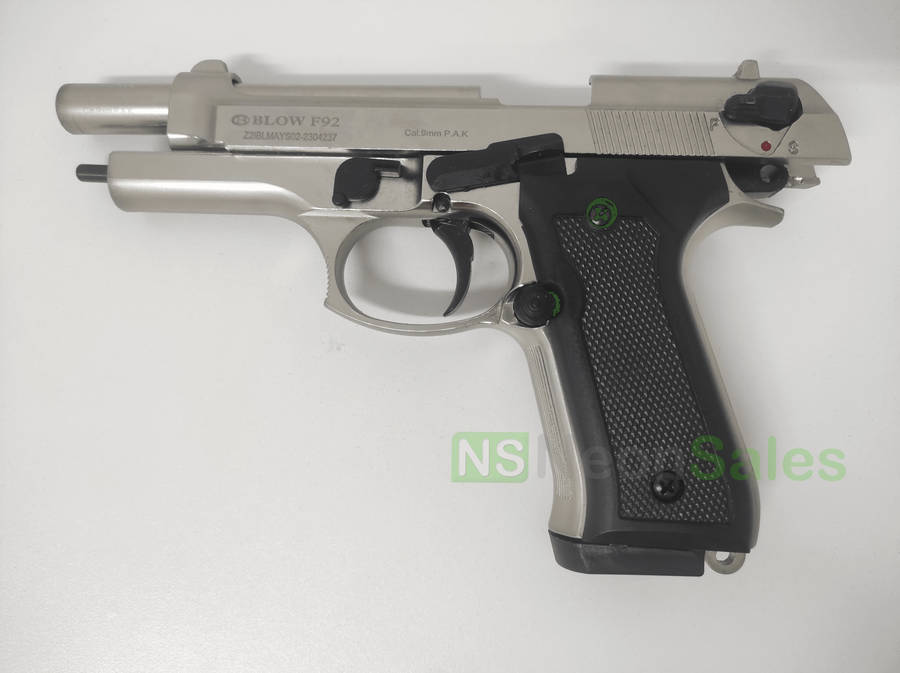 BLOW F92 BLANK GUN - SATIN W/ BLACK GRIPS & TRIM