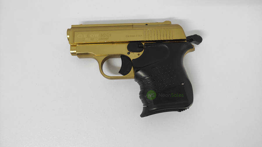 BLOW MINI 9 BLANK GUN - GOLD W/ BLACK GRIPS &