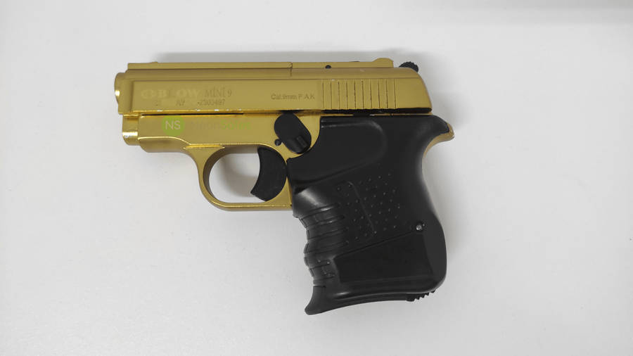 BLOW MINI 9 BLANK GUN - GOLD W/ BLACK GRIPS &