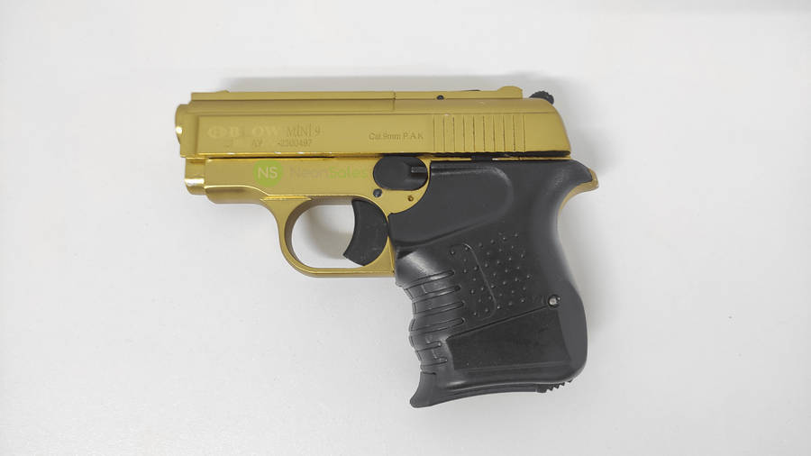 BLOW MINI 9 BLANK GUN - GOLD W/ BLACK GRIPS &