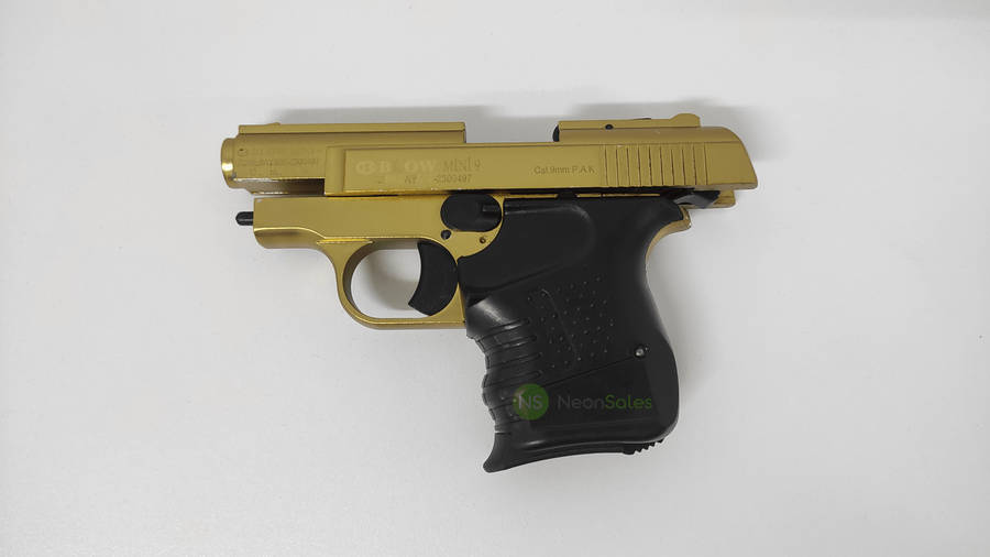 BLOW MINI 9 BLANK GUN - GOLD W/ BLACK GRIPS &