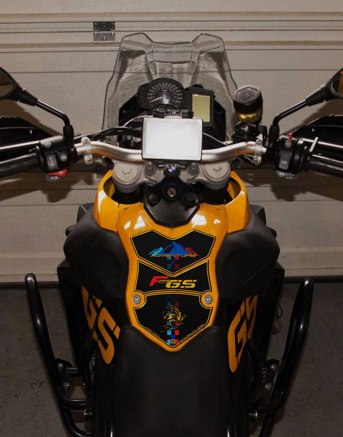 BMW F 650 GS Yellow and Black Carbon Fibre Motor Bike Tank Pad / Protector. A universal adventure...