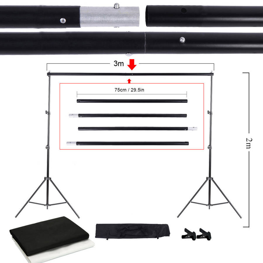 Photo Studio Kit Set Backdrop Stand with Storage Bag Black White Nonwoven Backdrops and Mini Clips