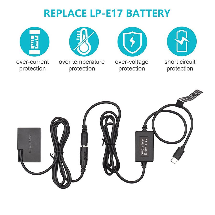 PD USB Type-C Cable to DR-E18 Dummy Battery DC Coupler LP-E17 Replacement for Canon 750D 760D T6S 77