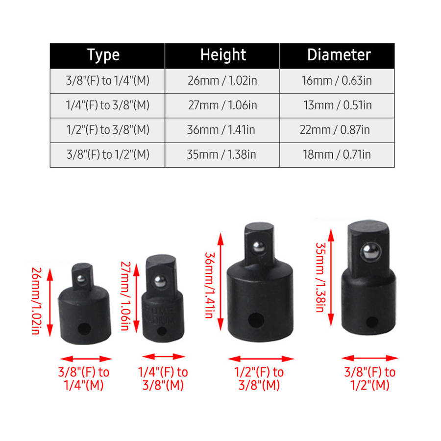 4 PCS Impact Socket Adapter Reducer 1/4-Inch 3/8-Inch 1/2-Inch Impact Driver Conversions Steel Power