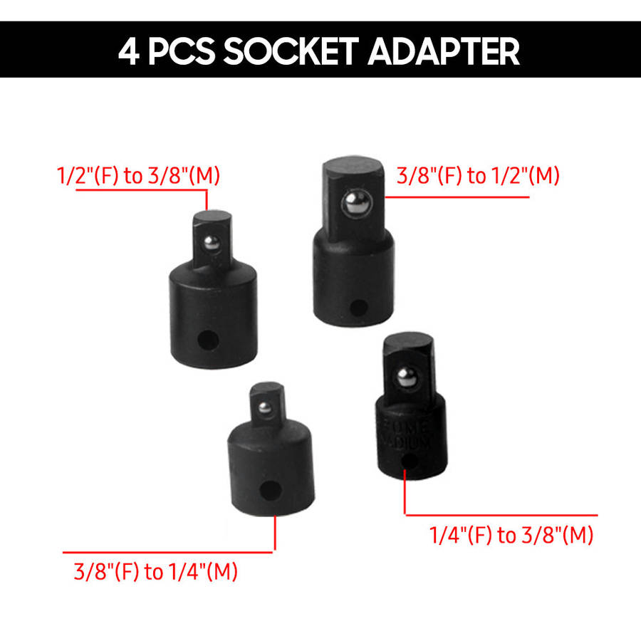 4 PCS Impact Socket Adapter Reducer 1/4-Inch 3/8-Inch 1/2-Inch Impact Driver Conversions Steel Power