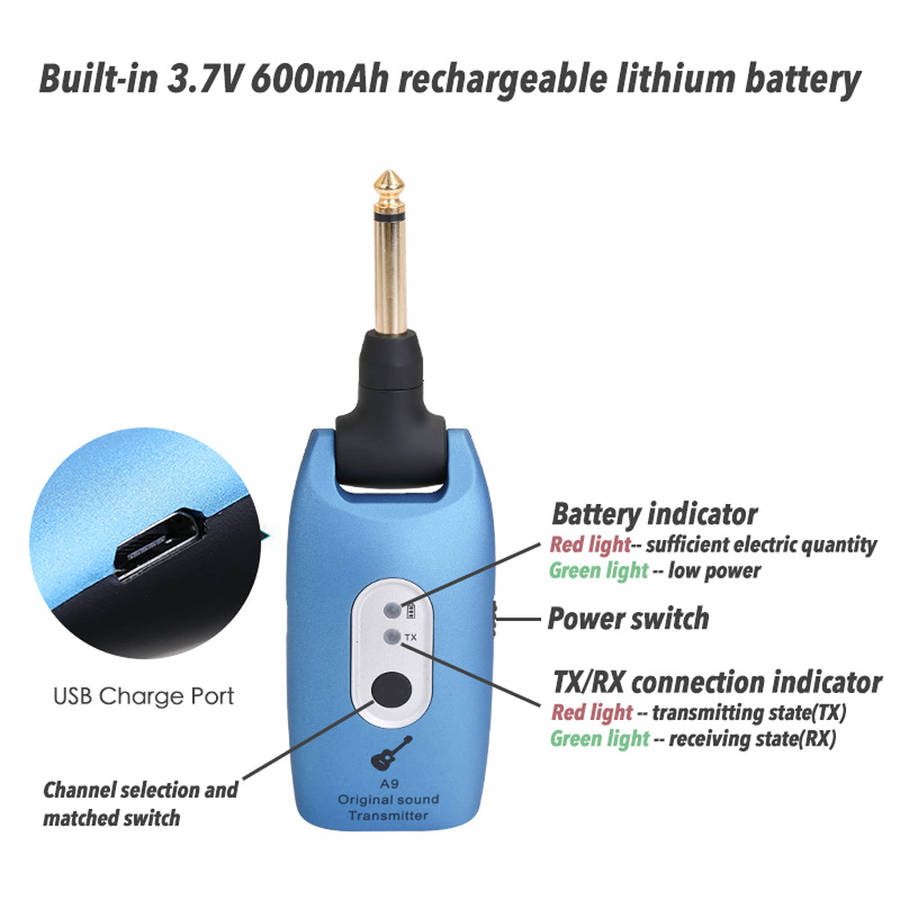2.4G Wireless Guitar System Electric Guitars Transmitter and Receiver Set Built-in Rechargeab