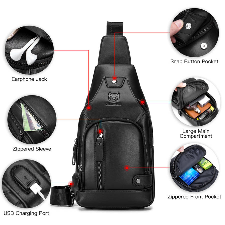 Men Leather Sling Bag Casual Shoulder Chest Crossbody Bag Hiking Travel Daypack with USB Char
