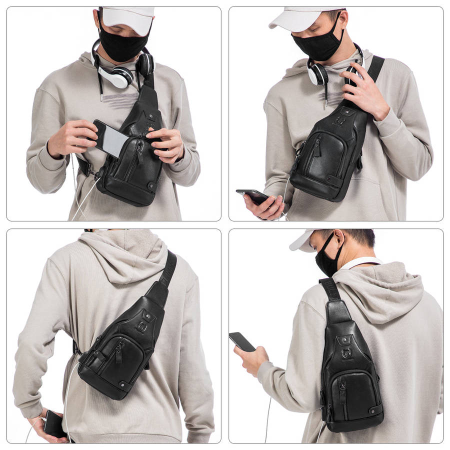 Men Leather Sling Bag Casual Shoulder Chest Crossbody Bag Hiking Travel Daypack with USB Char