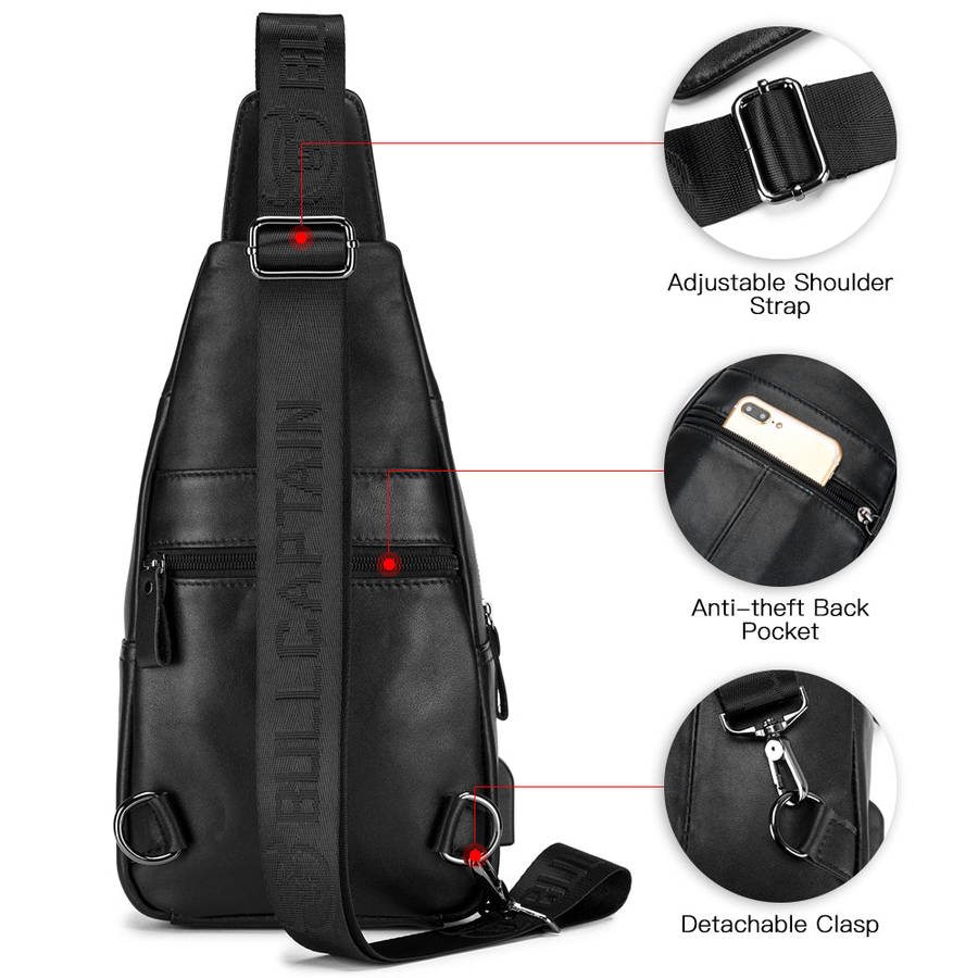 Men Leather Sling Bag Casual Shoulder Chest Crossbody Bag Hiking Travel Daypack with USB Char