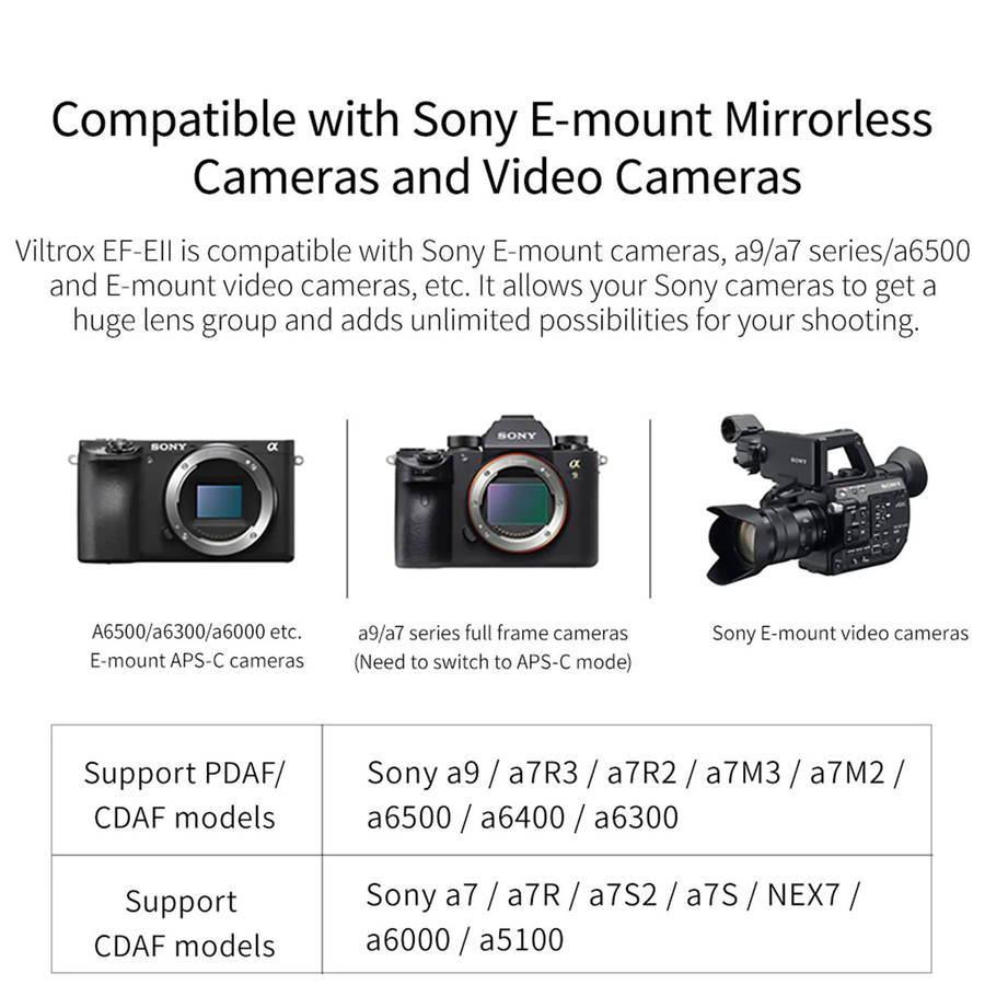 Viltrox Auto Focus Adapter, Canon EF lenses - SONY E-Mount Cameras +1 f-stop