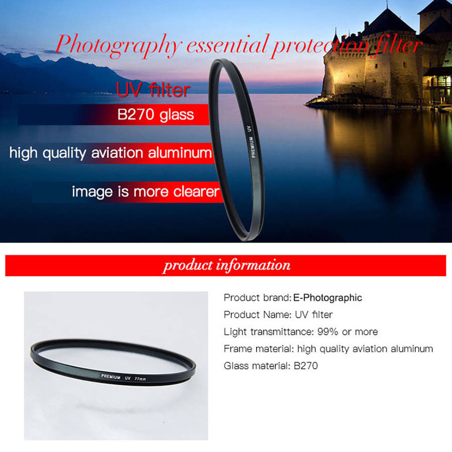 E-Photographic PRO 46mm Multicoated UV Filter-German HD B270 Schott Optics