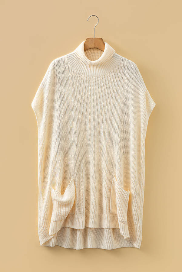 Jet Stream Plain Knit Casual Turtleneck Short Sleeve Tunic Sweater with Pockets