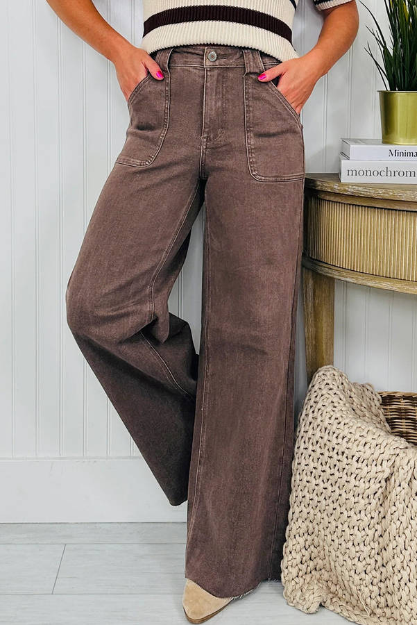 Dark Brown Retro Washed Patch Pocket Loose Jeans
