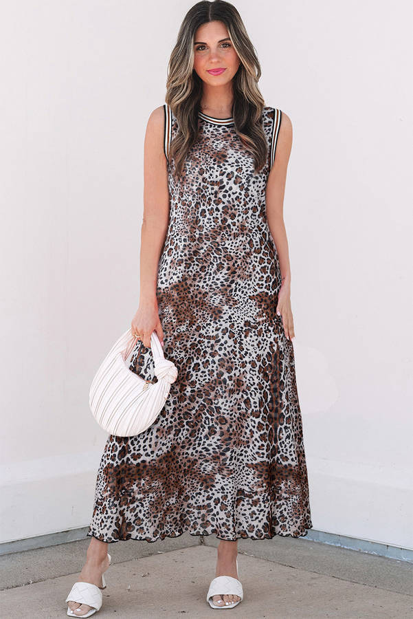 Multicolour Leopard Checkered Double Printed Reversible Sleeveless Long Dress