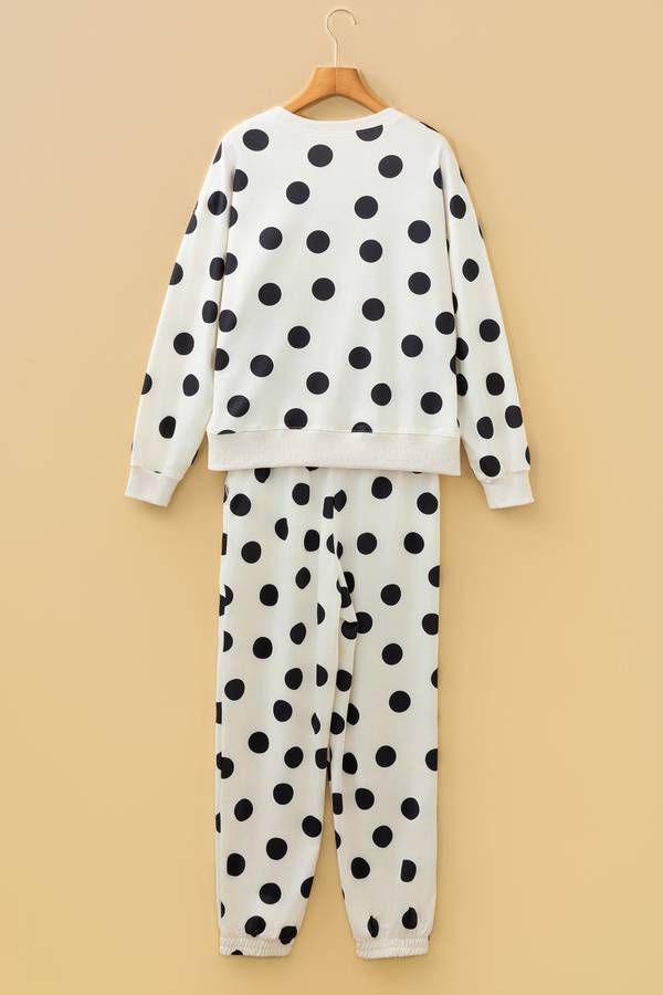 Beige Polka Dot Print Drop Shoulder Pullover Drawstring Jogger Pant Set