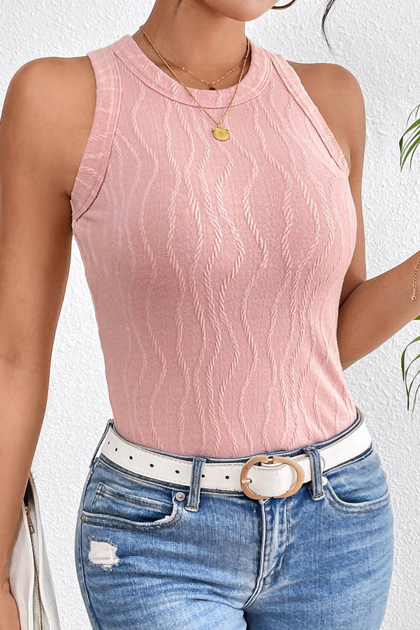 Gossamer Pink Solid Color Textured Wavy Slim Fit Tank Top