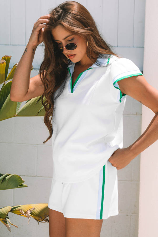 White Colorblock Edge Cap Sleeve Collared Top 2 Piece Skirt Set