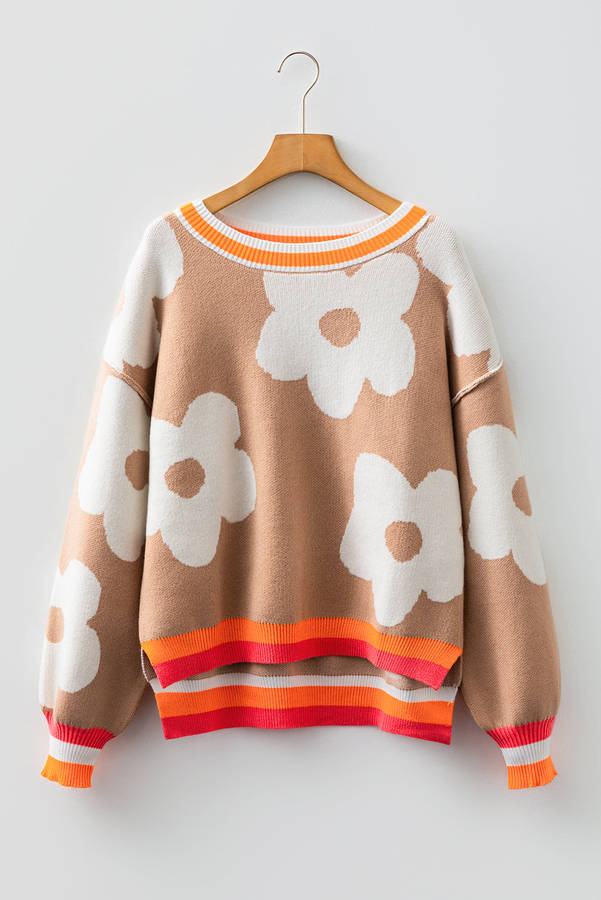 Smoke Gray Big Flower Pattern Contrast Striped Baggy Sweater