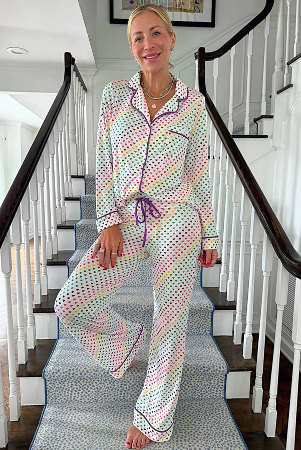 White Pride Heart Print Valentines Long 2pcs Pajama Set
