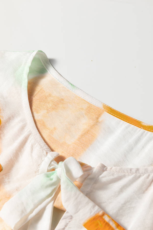 Carrot Abstract Floral Print Bow Tie Long Puff Sleeve Blouse