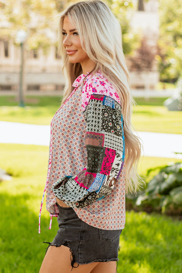 Pink Boho Mixed Floral Drop Shoulder Bubble Sleeve Blouse
