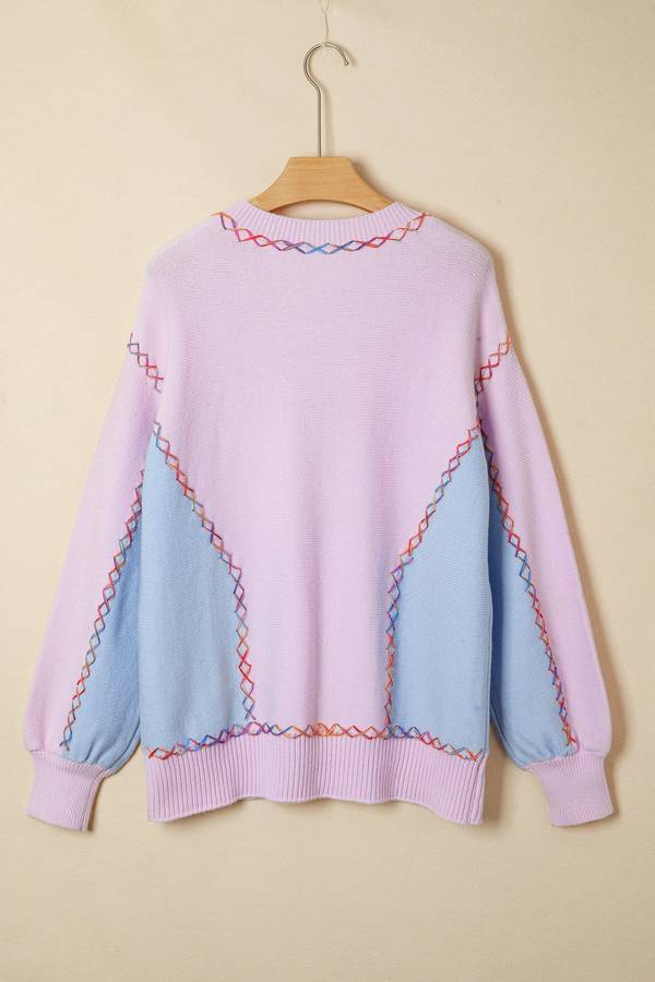Orchid Bouquet Rainbow Stitching Balloon Sleeve Relaxed Sweater