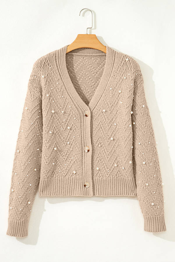Smoke Gray Pearl Embellished Button Front V Neck Sweater Cardigan