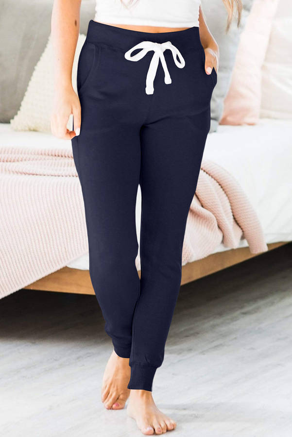 Navy Blue Drawstring Elastic Waistband Pocketed Joggers