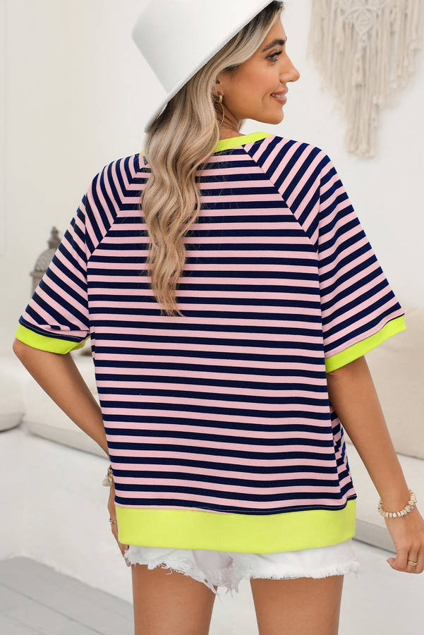 Pink Stripe Contrast Ribbed Patchwork Oversize T Shirt