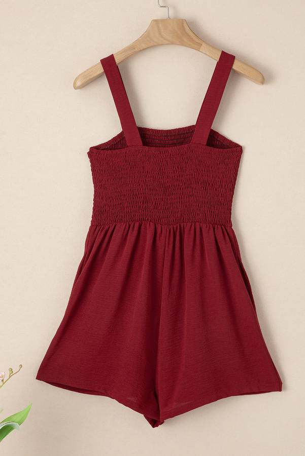 Burgundy Casual Pocketed Smocked Sleeveless Romper