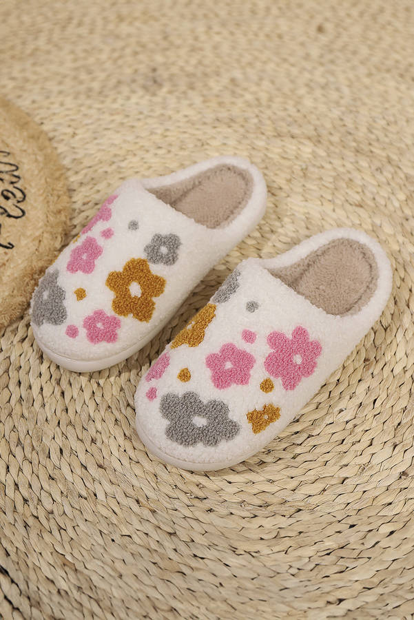 White Fuzzy Flower Pattern Winter House Slippers