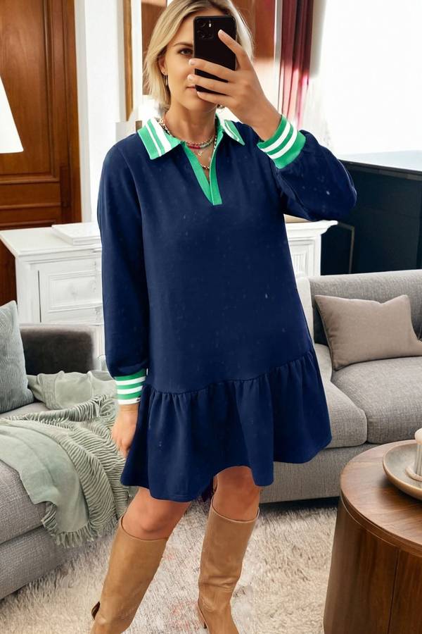 Navy Blue Contrast Striped Cuffs Polo Collar Patchwork Long Sleeve Ruffle Hem Mini Dress