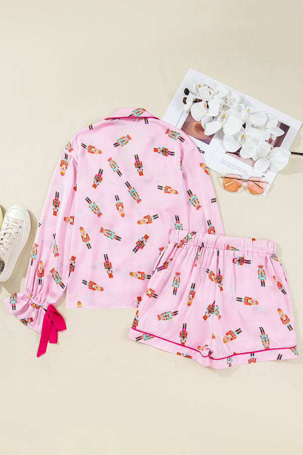 Pink Nutcracker Print Contrast Trim Tied up Bow Silky 2pcs Pajama Set