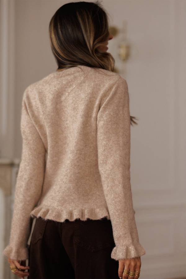 Oatmeal Ruffle Trim Gold Button Sweater Cardigan