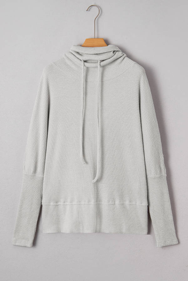 Light Grey Textured Knit Drawstring Cowl Neck Oversize Top with Side Slits
