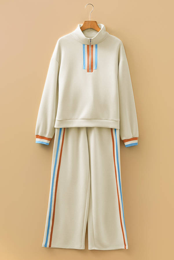 Apricot Striped Patchwork Quarter Zip Pullover Loose Pant Set