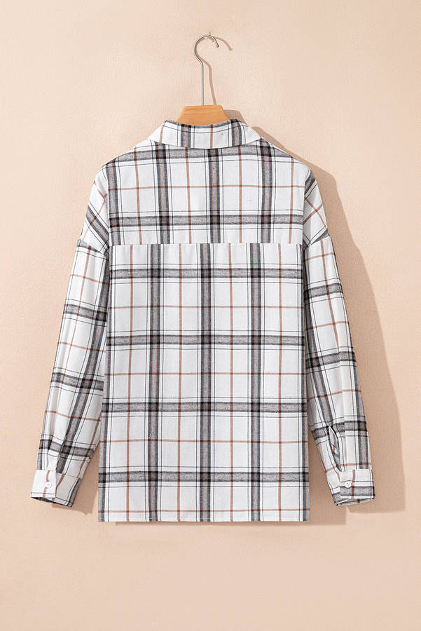 White Plaid Print Collared V Neck Loose Blouse with Side Slits