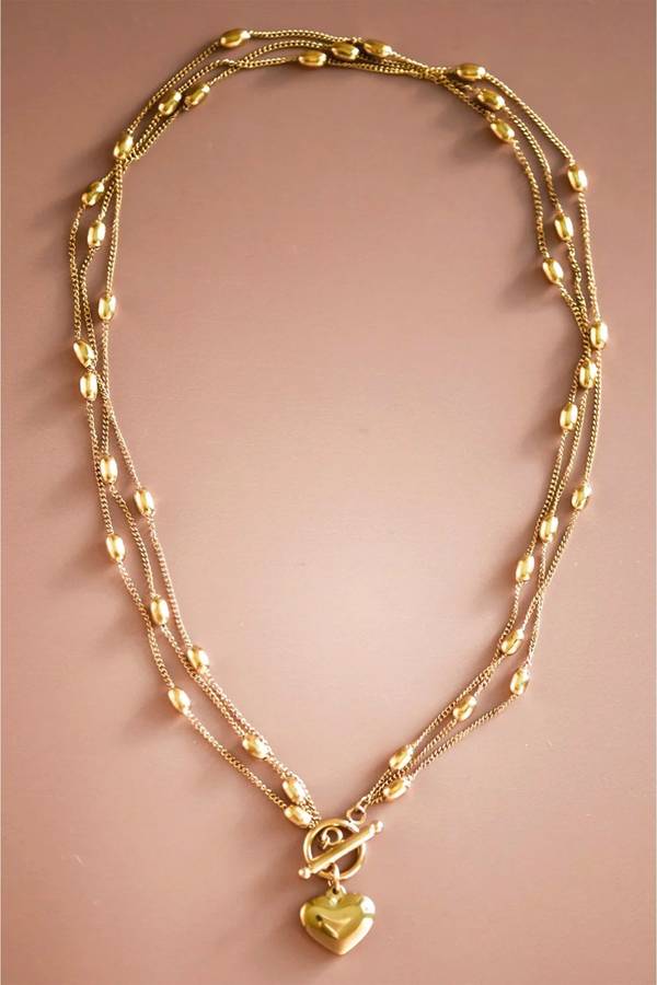 Gold Heart Toggle Charm Beaded Chain Triple Layered Necklace