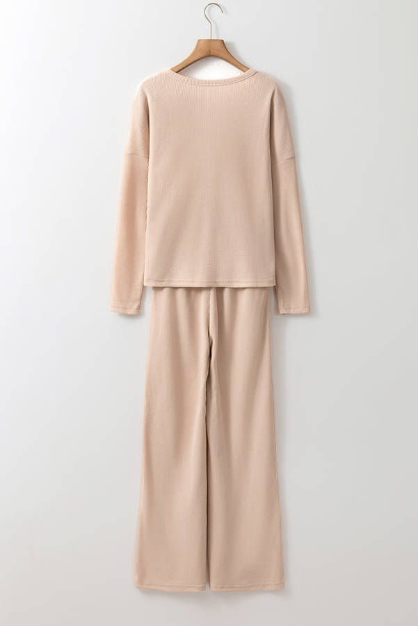 Parchment Textured Long Sleeve T Shirt and Pants Lounge Set