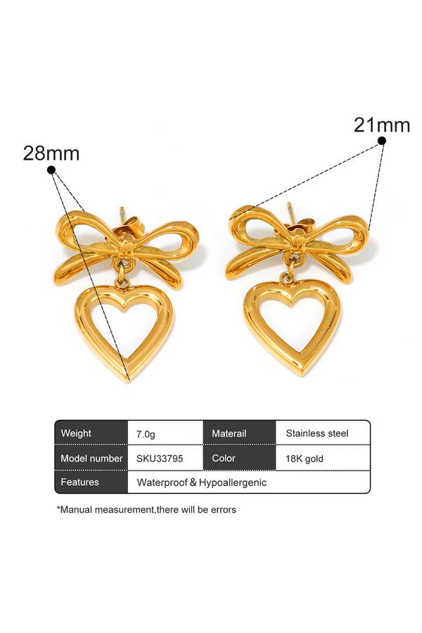 Gold Plated Hollowed Heart Bow Studded Earrings