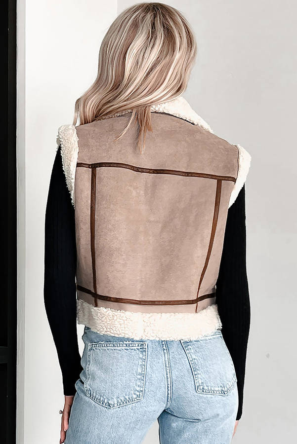 Dark Khaki Sherpa Lined Faux Suede Lapel Collar Vest