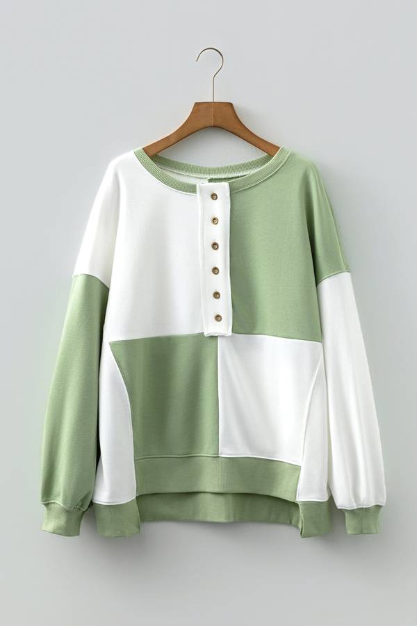 Grass Green Colorblock Henley High Low Oversize Sweatshirt