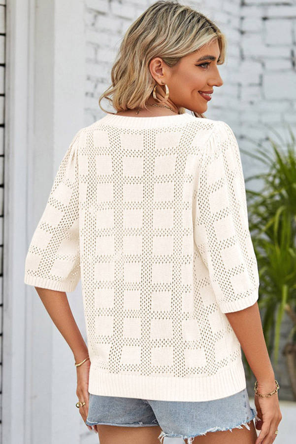 White Plaid Pattern Crochet Knit Short Sleeve Sweater