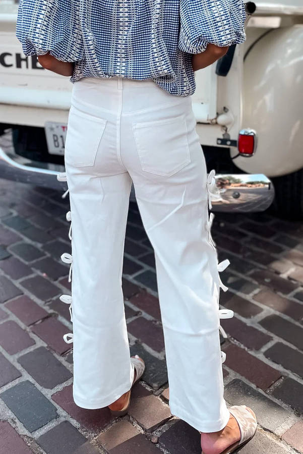 White Bow Knot Side Detail Straight Leg Loose Jeans