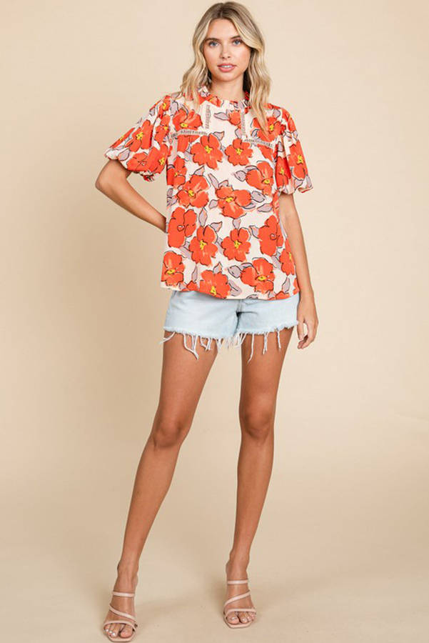 Orange Floral Bubble Sleeve Frill Neck Loose Blouse