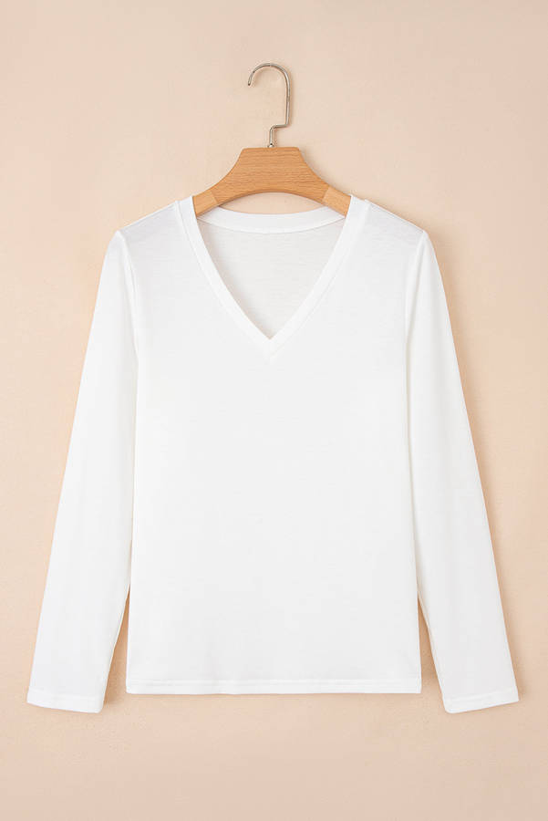 White Solid Color V Neck Long Sleeve Stretchy Top